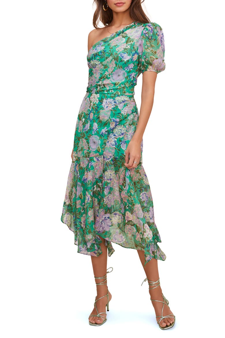 Santorini One Shoulder Asymmetrical Midi Dress, Main, color, GREEN LILAC MULTI FLORAL