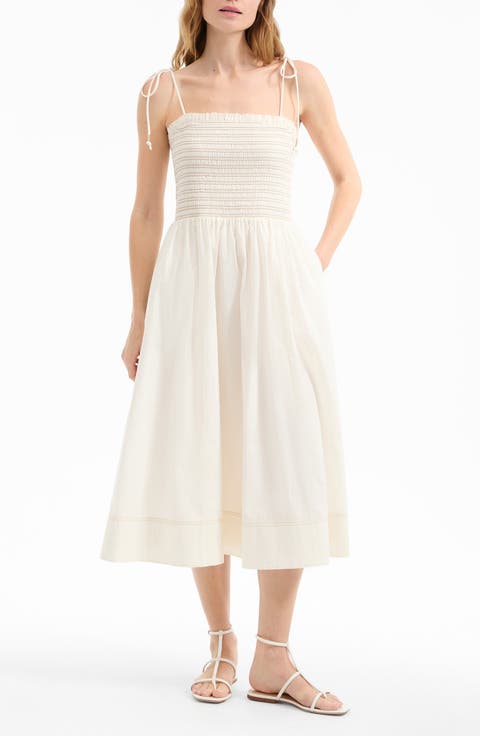 Kaela Smocked Tie Strap Midi Dress