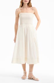 Veronica Beard Kaela Smocked Tie Strap Midi Dress