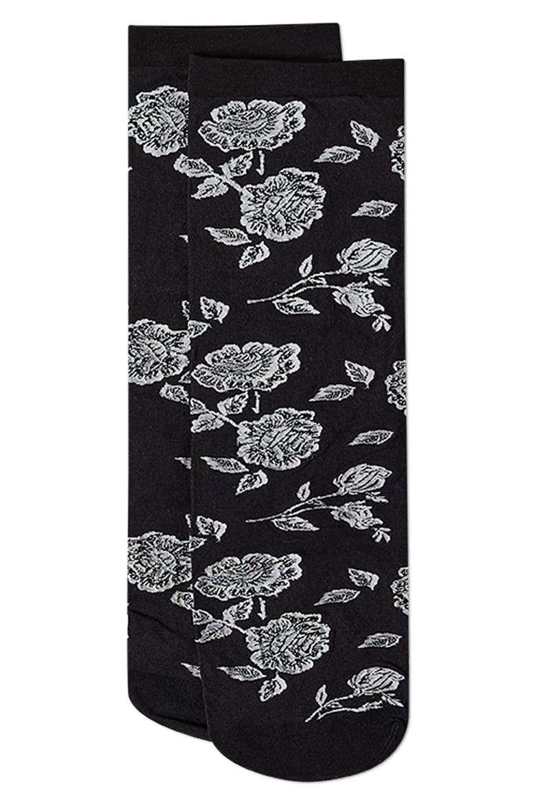 Floral Sheer Crew Socks, Alternate, color, BLACK
