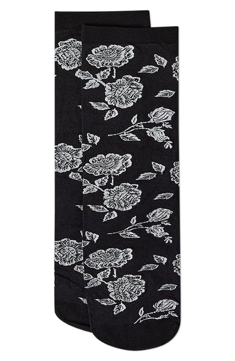 MeMoi Floral Sheer Crew Socks, Alternate, color, Black