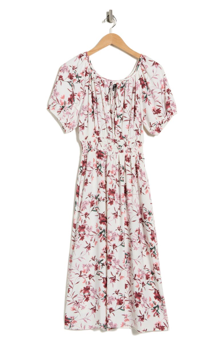 Connected Apparel Floral Raglan Sleeve Smocked Waist Midi Dress, Alternate, color, Rosewood