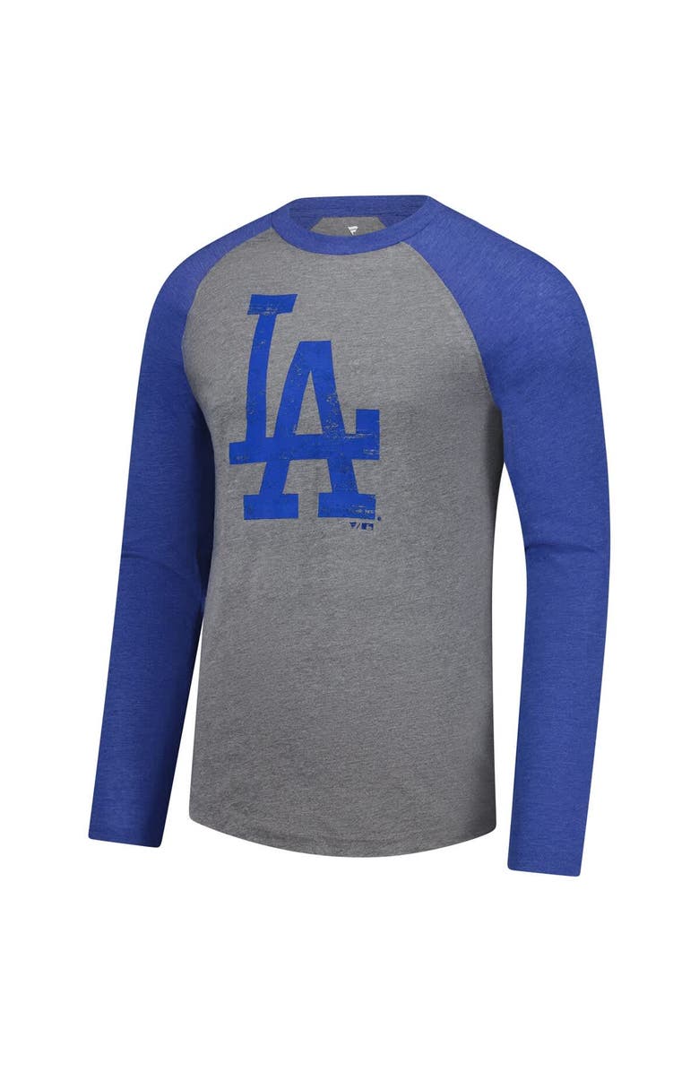 FANATICS Men's Fanatics Heather Gray/Heather Royal Los Angeles Dodgers Weathered Logo Tri-Blend Raglan Long Sleeve T-Shirt, Alternate, color,