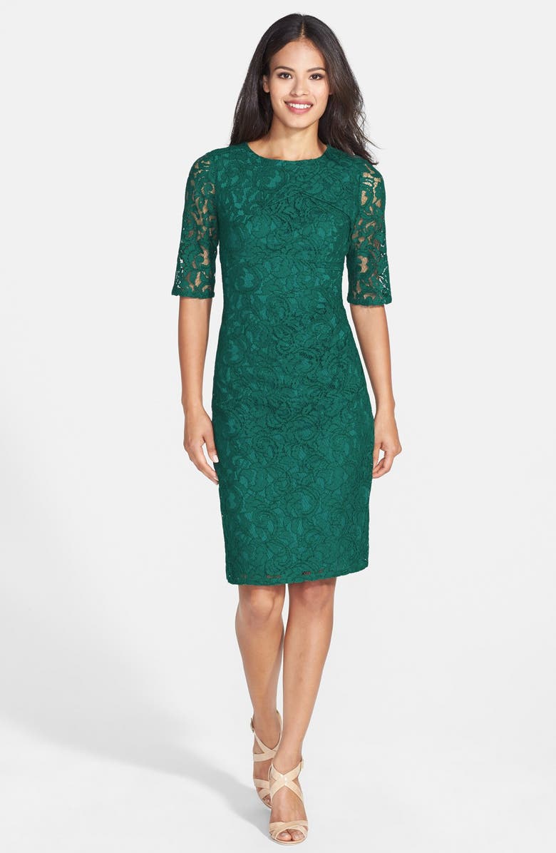 Adrianna Papell Pleat Neck Lace Sheath Dress, Alternate, color, 