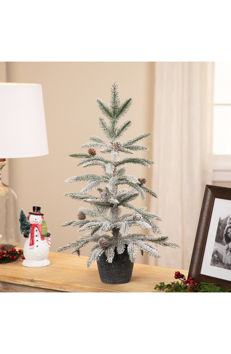Northlight Flocked Potted Snowy Christmas Tree with Pinecones - 24.75" - Unlit, Alternate, color, Green
