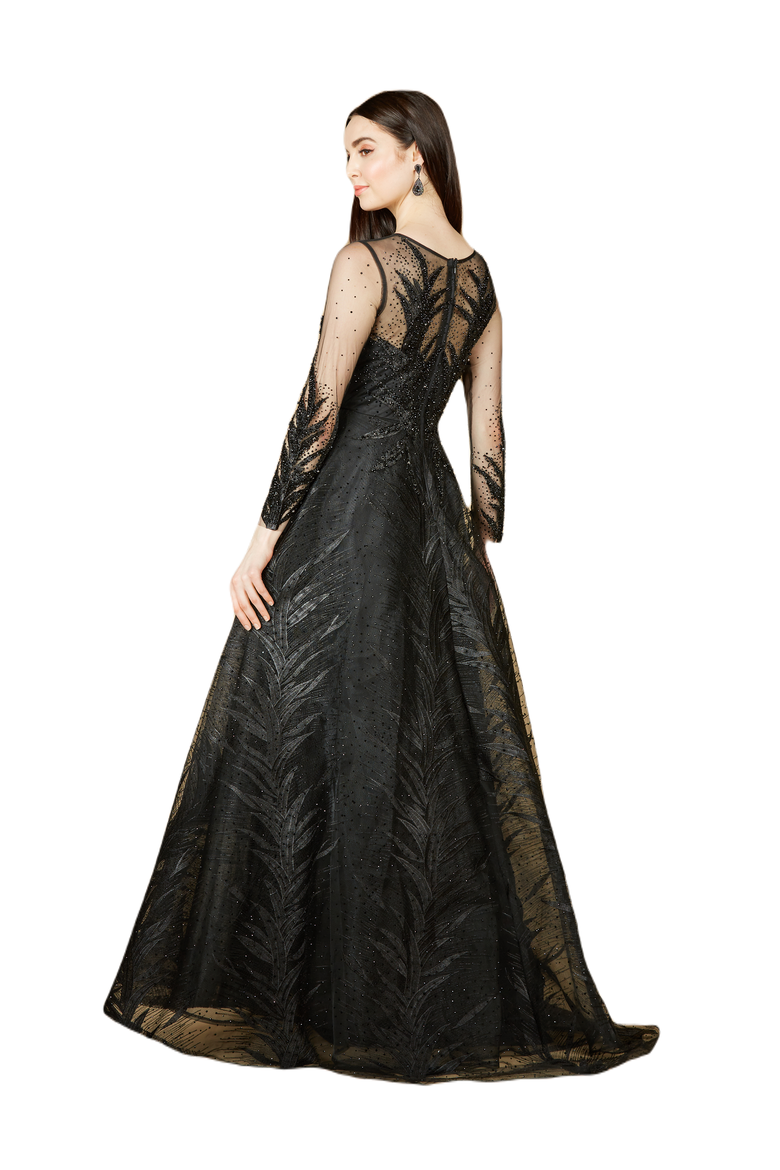 High Neck Sheer Long Sleeve Embellished Gown, Alternate, color, Black