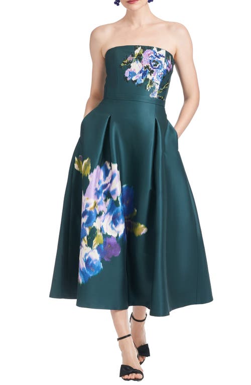 Sachin & Babi Shay Strapless Mikado Midi Cocktail Dress in Forest Green Placement Ikat 