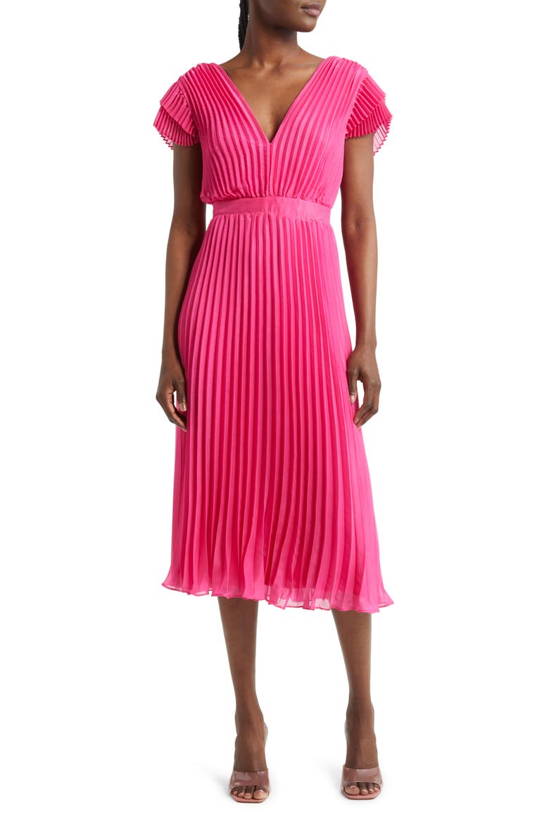 Daisy Pleated Tie Back Midi Dress, Main, color, PINK