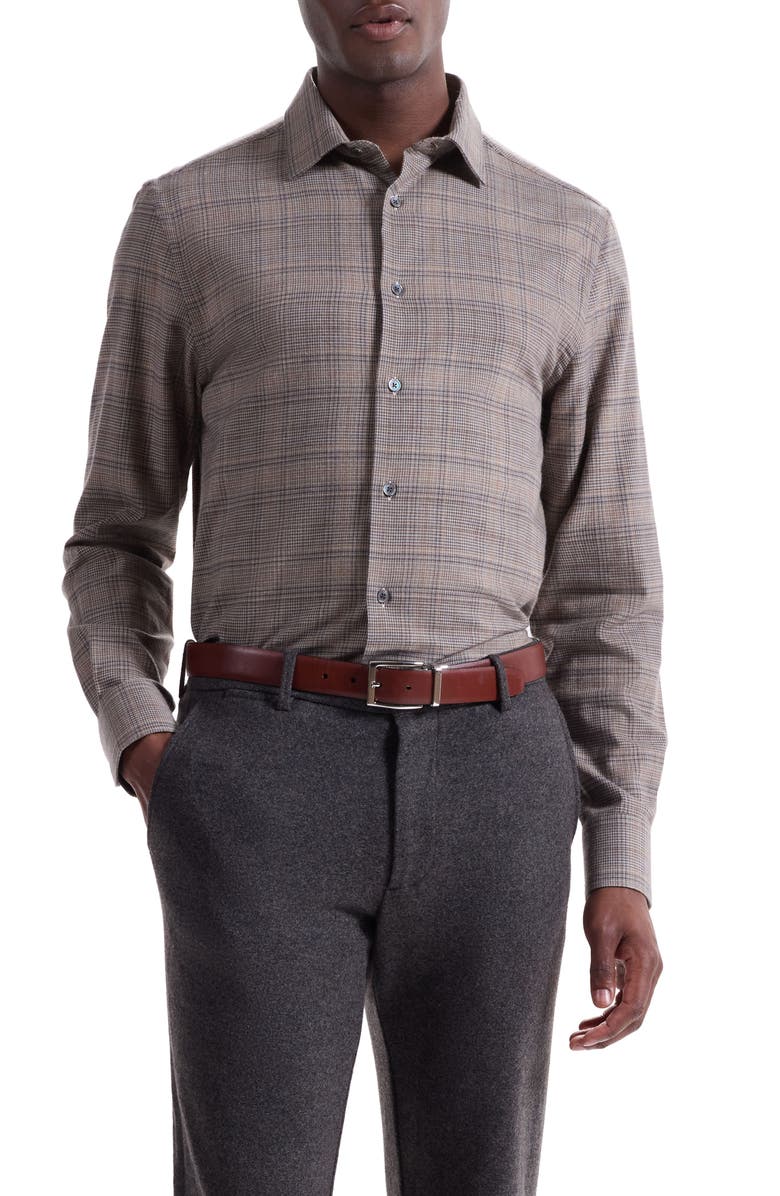 Bugatchi Julian Shaped Fit Plaid Cotton & Wool Button-Up Shirt, Main, color, Walnut