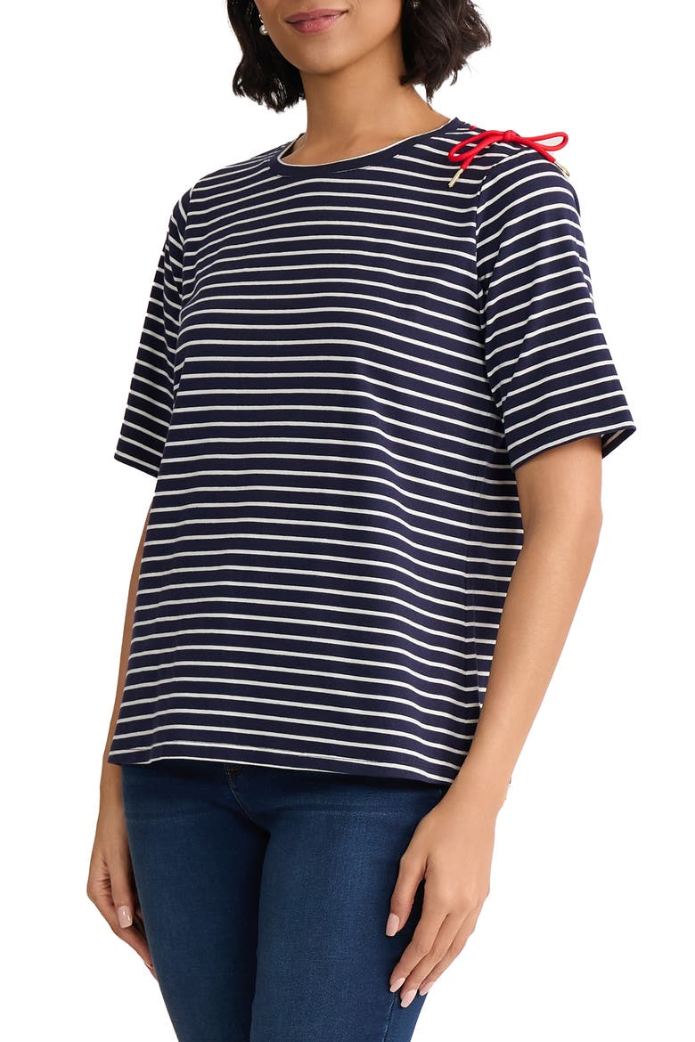 Stripe Lace-Up Shoulder T-Shirt, Alternate, color, PACIFIC NAVY/ NATURAL WHITE