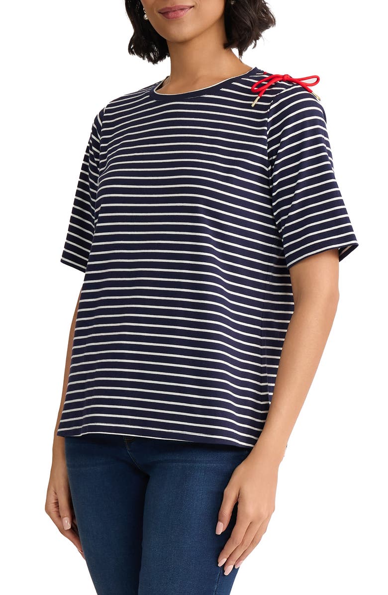 Jones New York Stripe Lace-Up Shoulder T-Shirt, Alternate, color, Pacific Navy/ Natural White