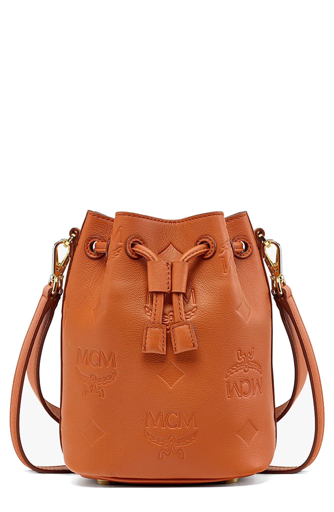 MCM Mini Dessau Drawstring Leather Bucket Bag, Main, color, 
