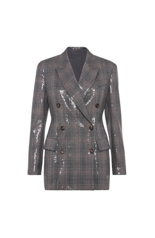 Brunello Cucinelli Sequin-embellished Check-pattern Blazer In Gray