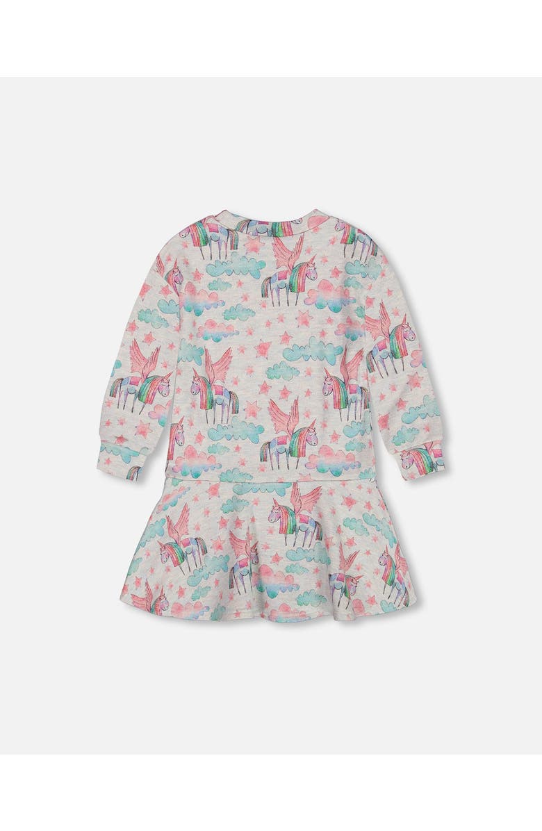 Deux par Deux Girl's Printed Shiny French Terry Dress Gray Mix Printed Unicorn, Alternate, color, 