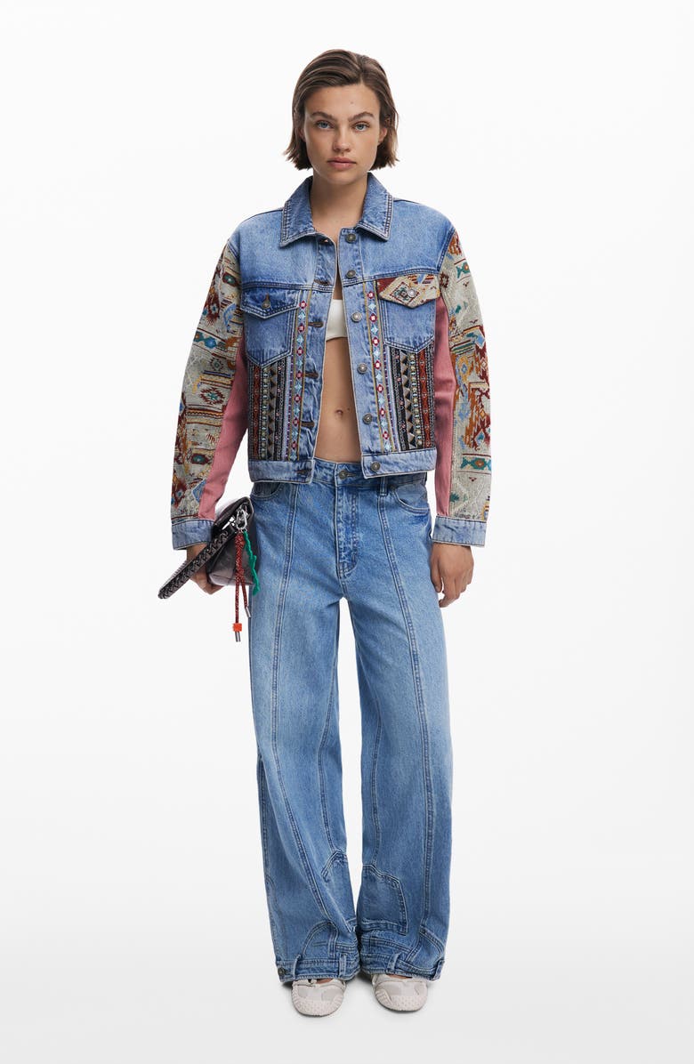 Desigual Embroidered Denim Trucker Jacket, Alternate, color, Medium Blue