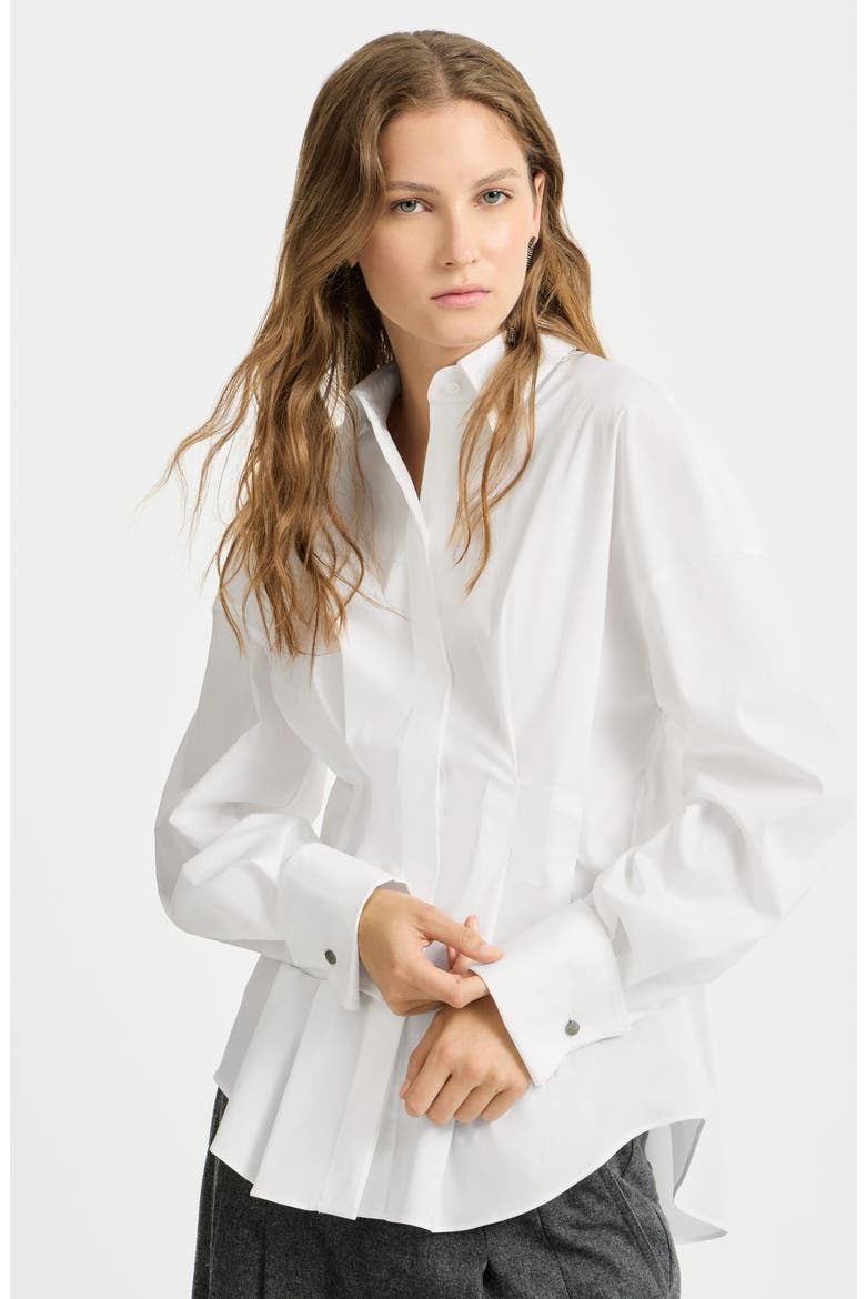 Stretch Cotton Poplin Pleated Shirt, Alternate, color, White
