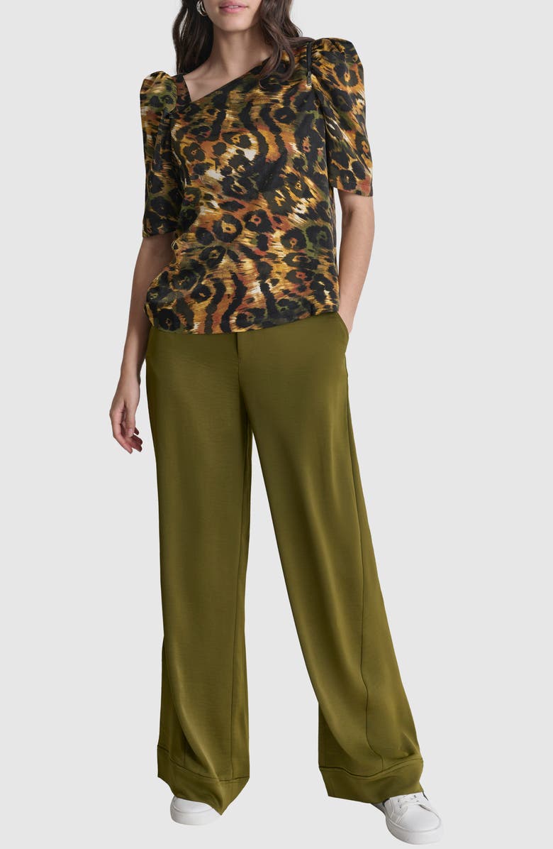 DKNY Print Asymmetric Zip Shoulder Top, Alternate, color, Autumn Mix Animal