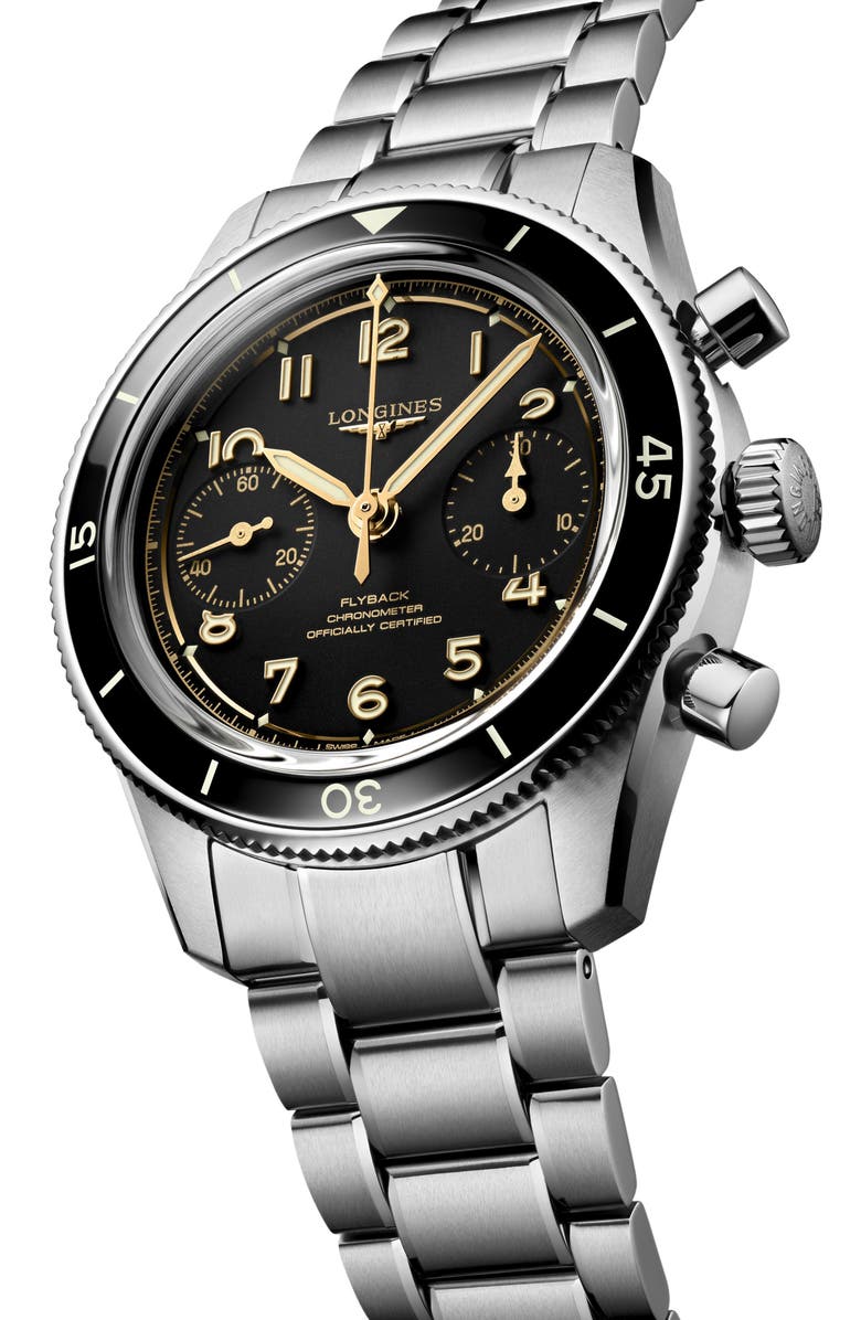 Longines Spirit Pilot Flyback Chronograph Bracelet Watch, 39.5mm, Alternate, color, Black