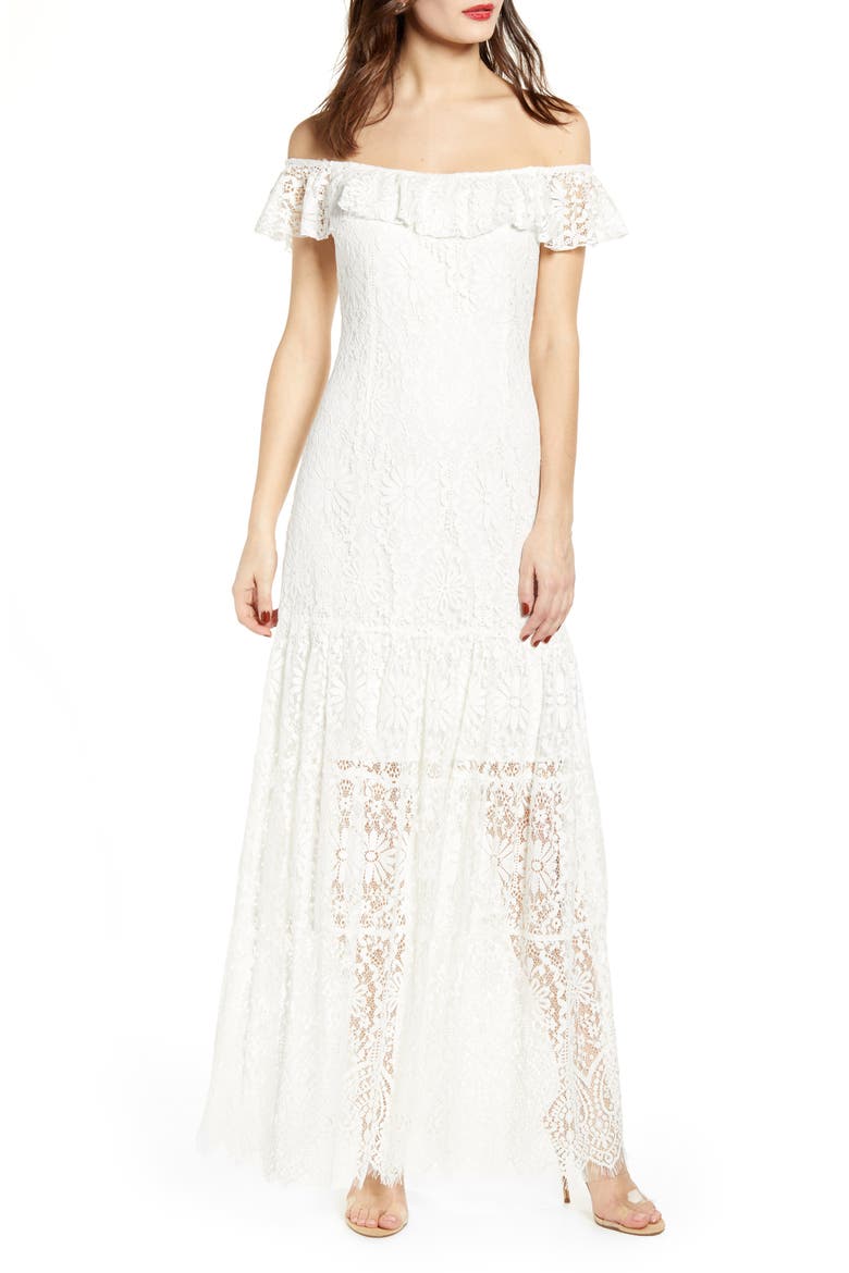 Odette Off the Shoulder Lace Dress, Main, color, IVORY LACE