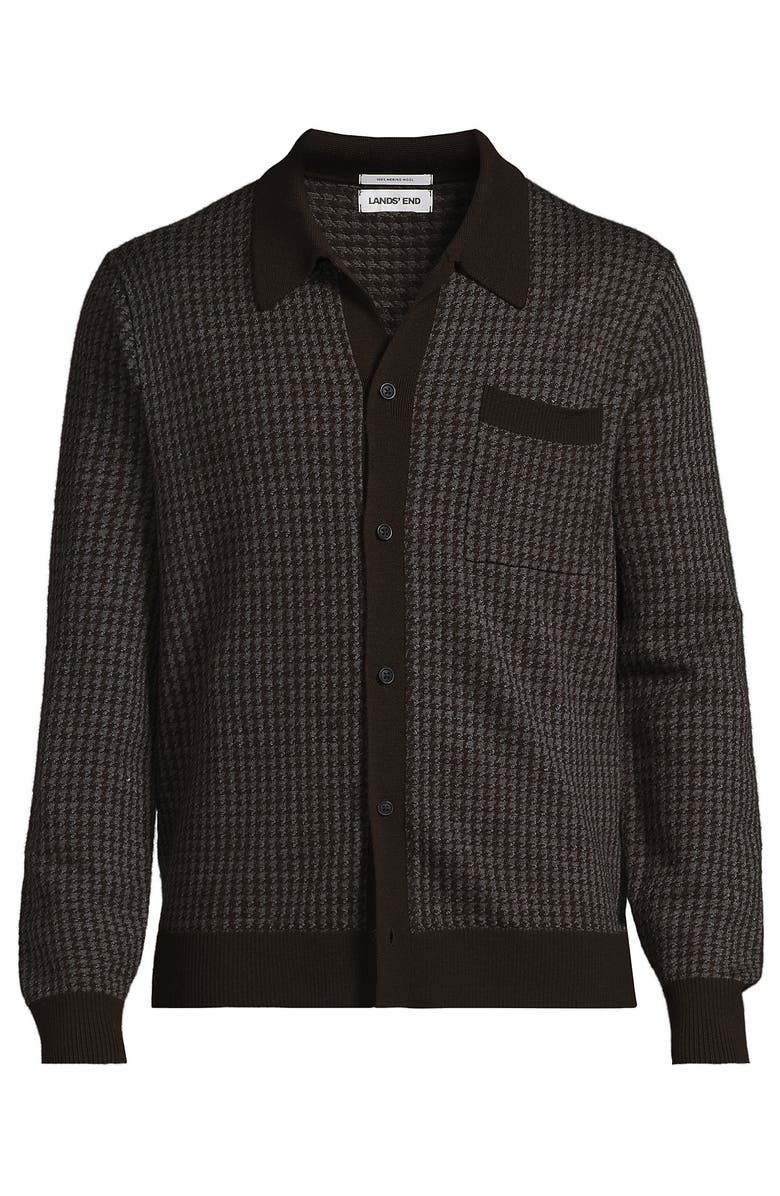 Lands' End Long Sleeve Washable Merino Button Through Sweater Polo, Alternate, color, Rich Coffee Houndstooth