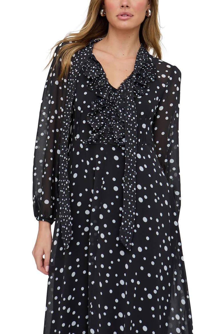 Margot Ruffle Neck Spot Print Maxi Dress, Alternate, color, Black