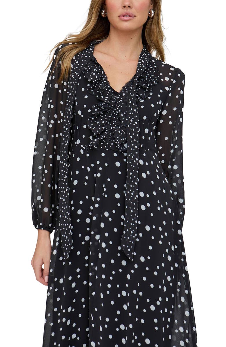 Lily and Lionel London Margot Ruffle Neck Spot Print Maxi Dress, Alternate, color, Black