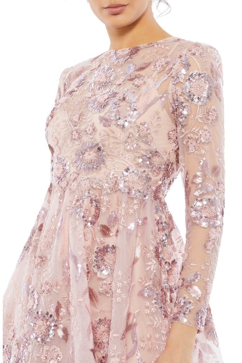 Sequin Floral Long Sleeve A-Line Midi Dress, Alternate, color, ROSE PINK