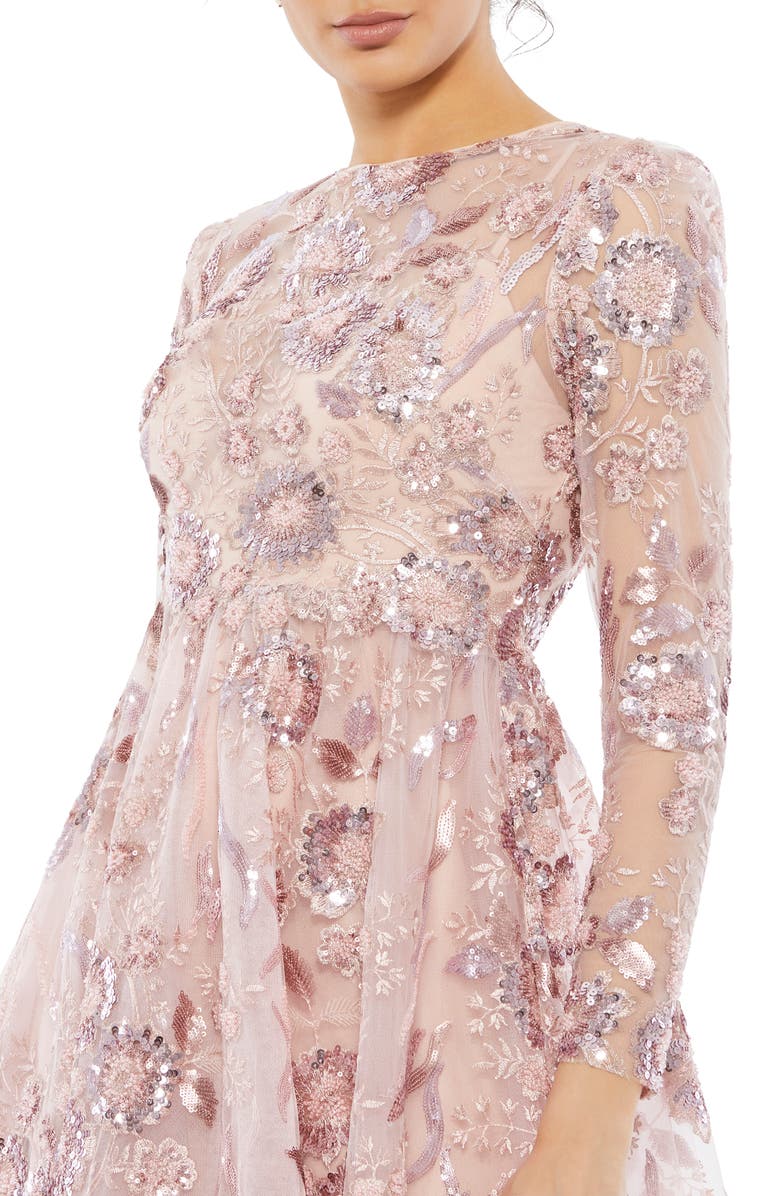 Mac Duggal Sequin Floral Long Sleeve A-Line Midi Dress, Alternate, color,