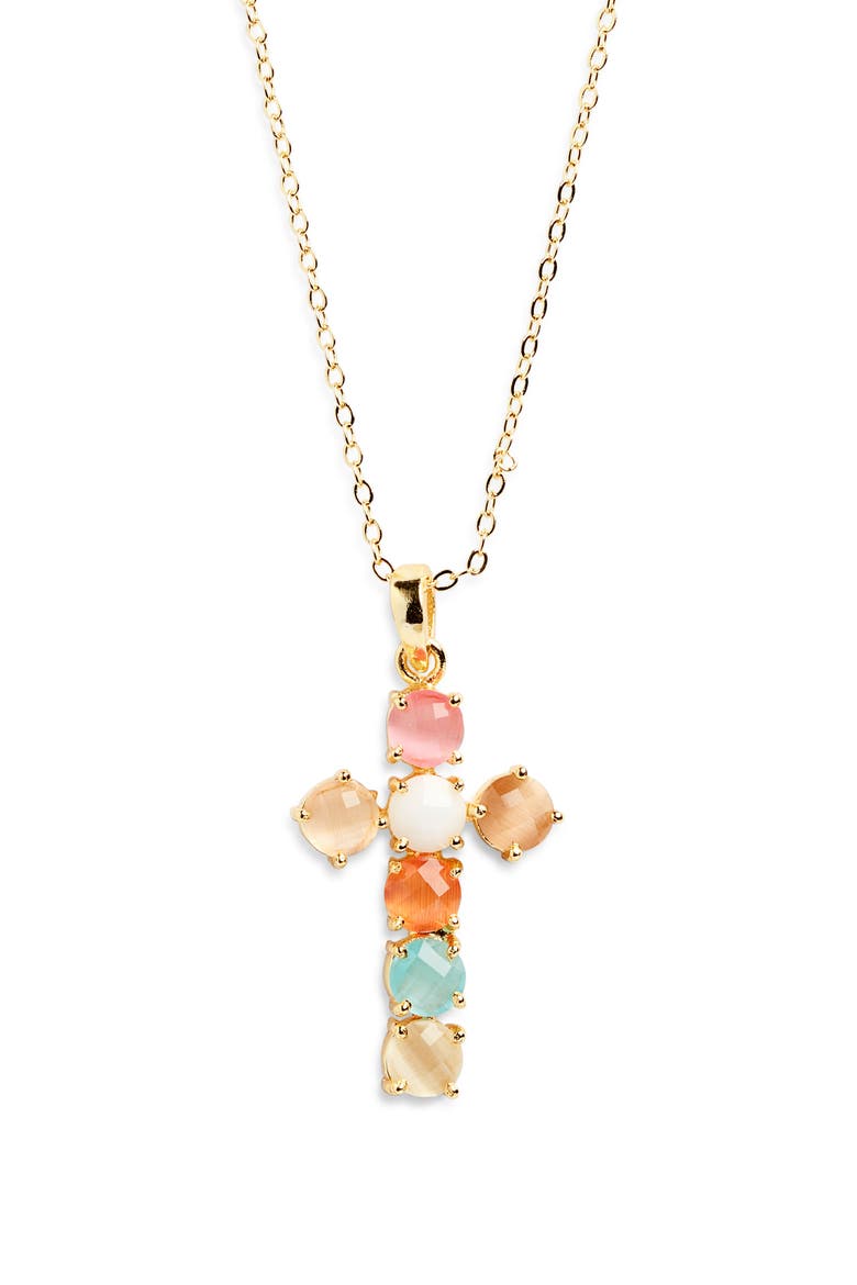 Philomena Rainbow Stone Cross Pendant Necklace, Main, color, GOLD