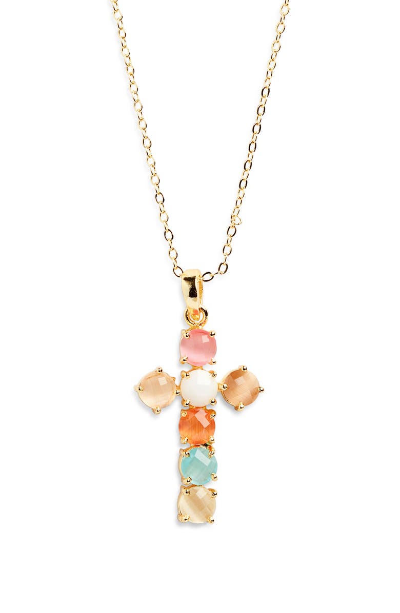 Kiara by Ki-ele Philomena Rainbow Stone Cross Pendant Necklace, Main, color, Gold