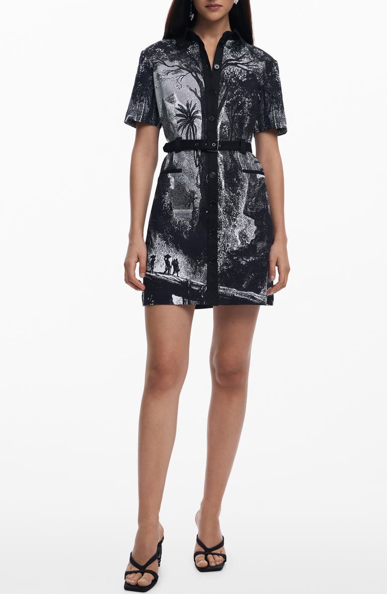 Desigual Belted Printed Mini Shirtdress, Main, color, Black