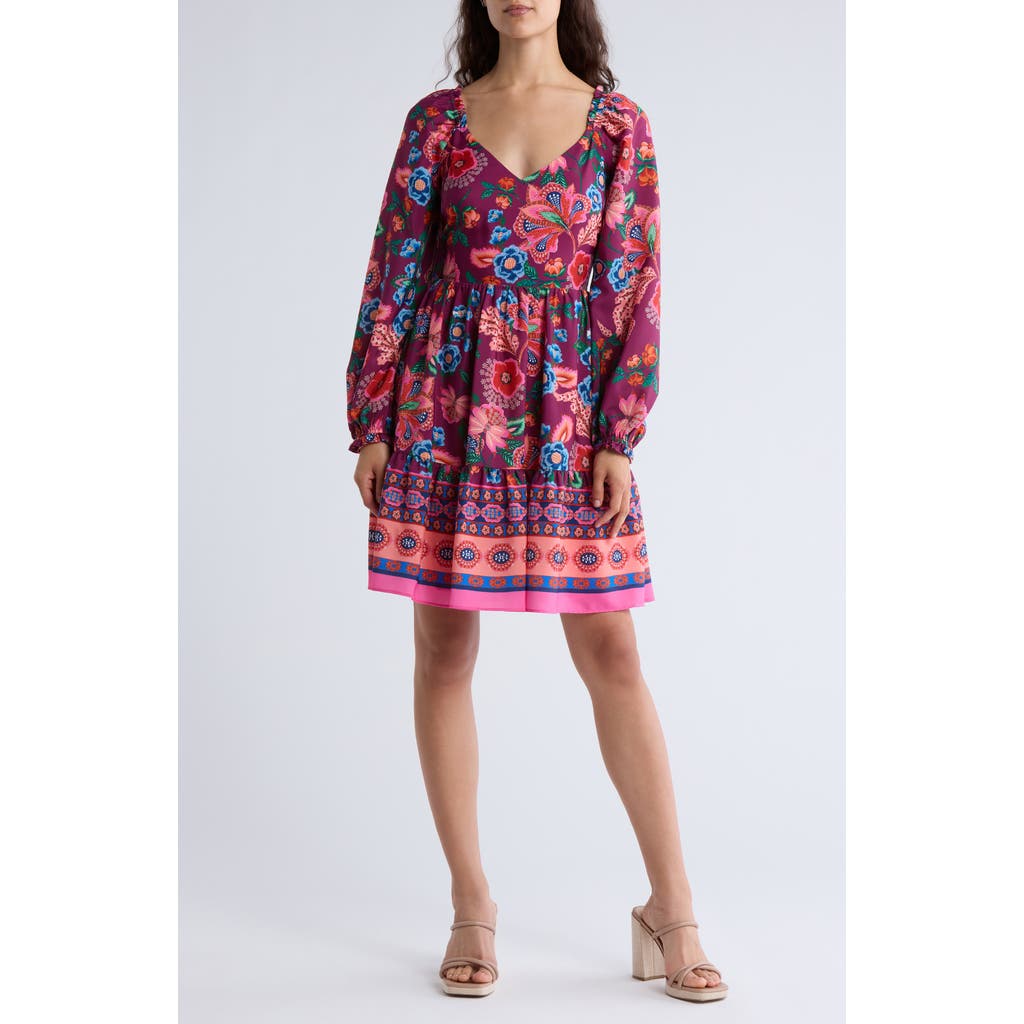 Eliza J Floral Long Sleeve Fit & Flare Dress In Purple