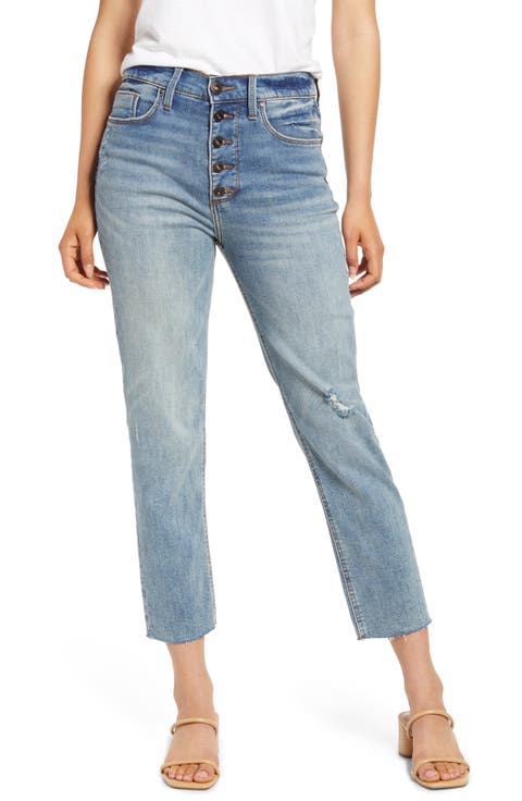 Pierce Distressed Button Fly High Waist Crop Straight Leg Jeans