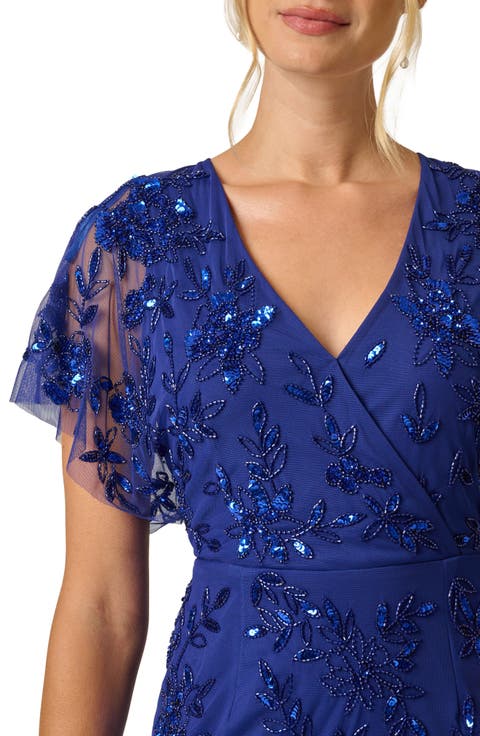 Flutter Sleeve Beaded Sheath Dress