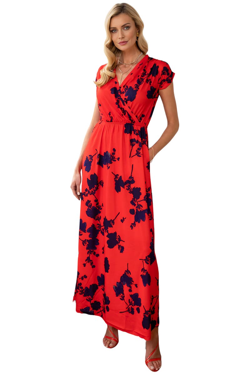HotSquash London Clothing Faux-Wrap Jersey Maxi Dress, Alternate, color, Red With Blue Flower