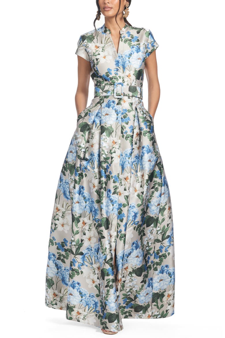 Marta Floral Print Belted Mikado Gown, Main, color, DUNE AND DUSK PETALS