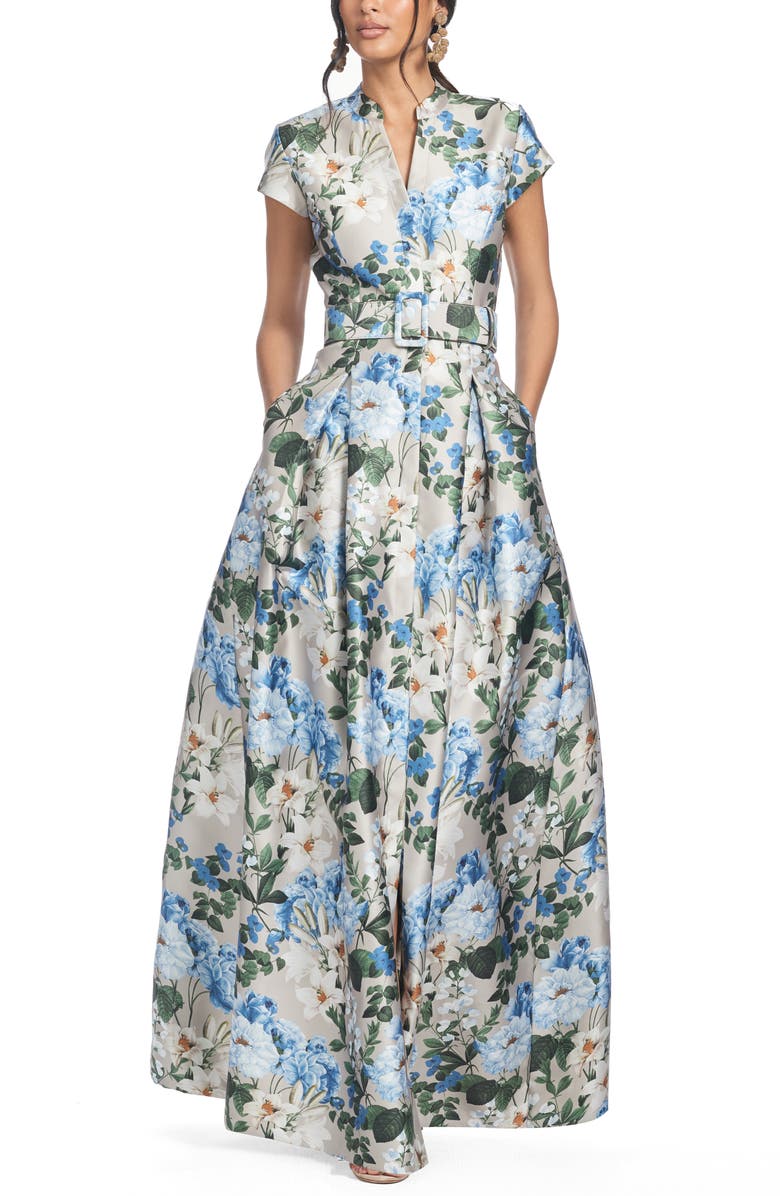 Sachin & Babi Marta Floral Print Belted Mikado Gown, Main, color, Dune And Dusk Petals