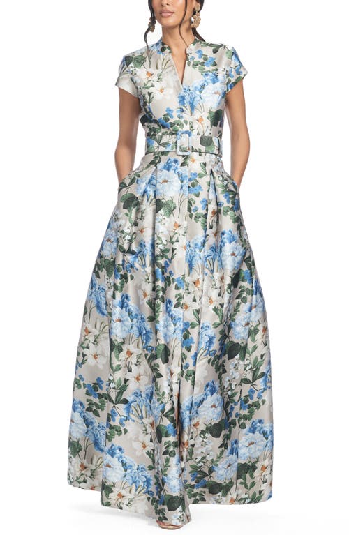 Sachin & Babi Marta Floral Print Belted Mikado Gown In Dune And Dusk Petals
