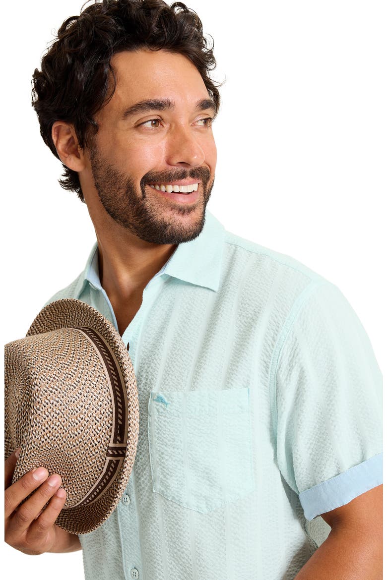 Nova Wave Short Sleeve Stretch Seersucker Button-Up Shirt, Alternate, color, DUSTY AQUA