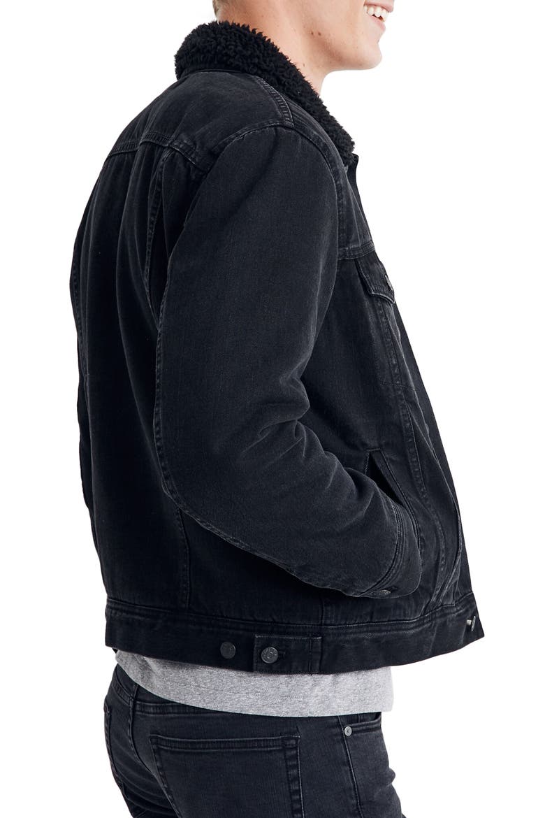 Faux Shearling Collar Denim Jacket, Alternate, color, BLACK 1
