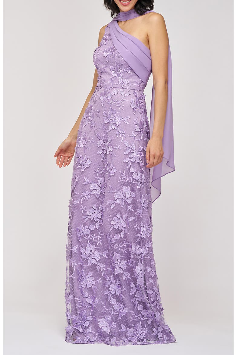 Nola Embroidered Floral Scarf Detail One-Shoulder Gown, Alternate, color, LILAC