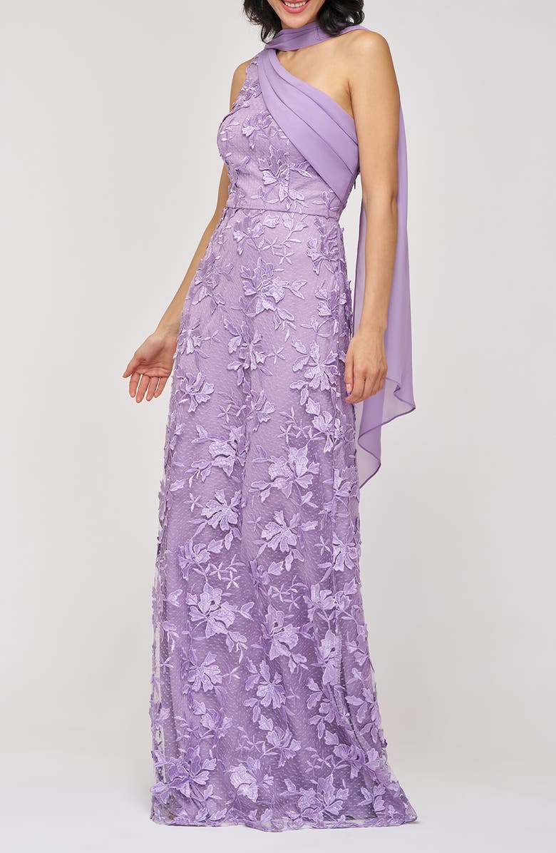 JS Collections Nola Embroidered Floral Scarf Detail One-Shoulder Gown, Alternate, color, Lilac