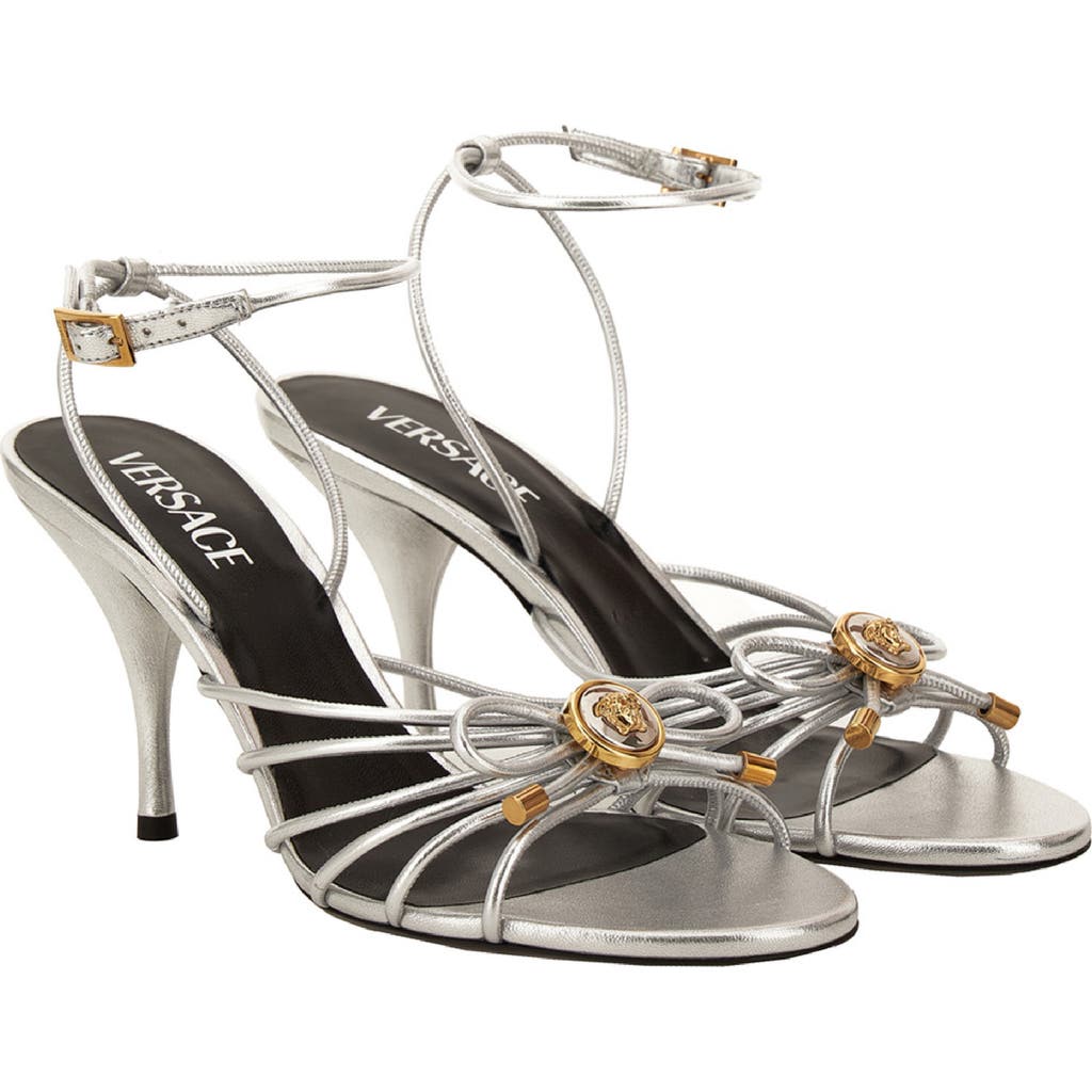 Versace Opera Bow Strappy Ankle Strap Sandal In Metallic