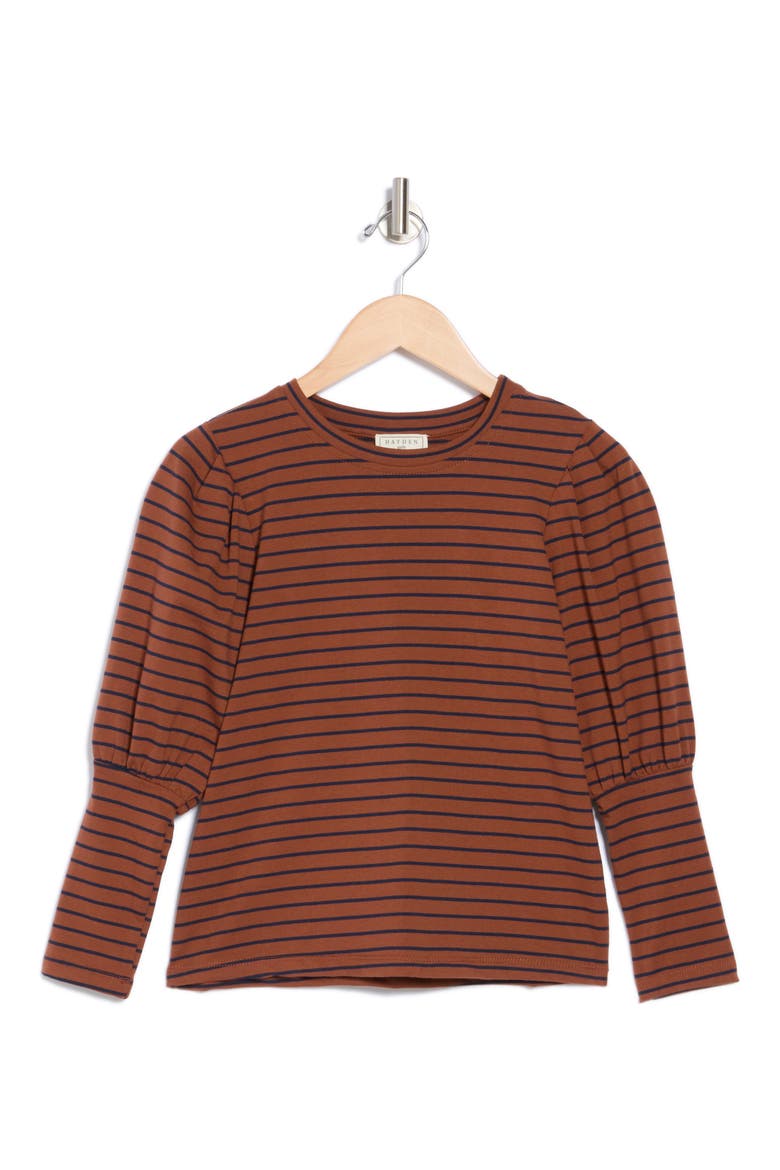 Kids' Puff Shoulder Long Sleeve Stripe T-Shirt, Main, color, BROWN/ NAVY