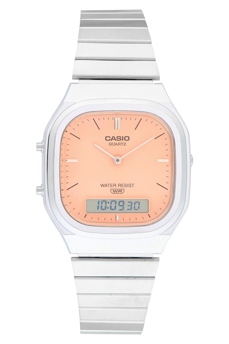 Vintage AQ240E Analog/Digital Bracelet Watch, 35.8mm × 40.9mm, Main, color, SILVER