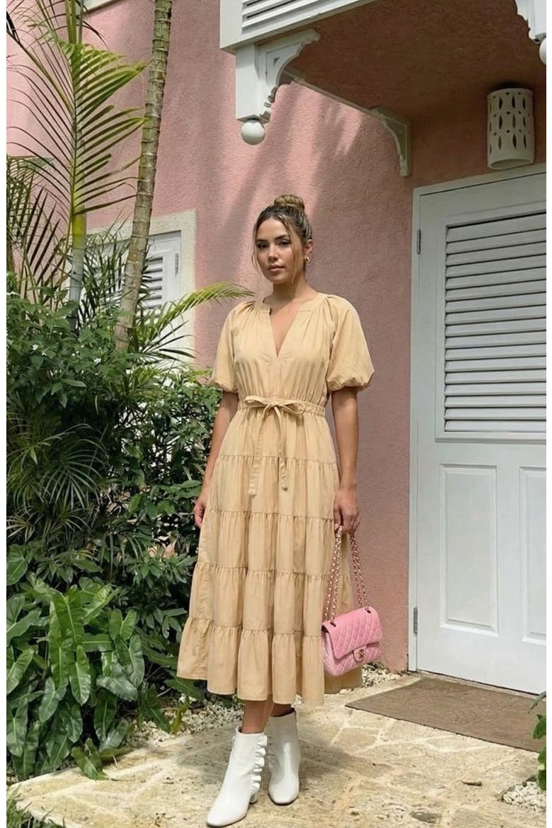 Tiered Puff Sleeve Tie Waist Midi Dress, Alternate, color, Sand