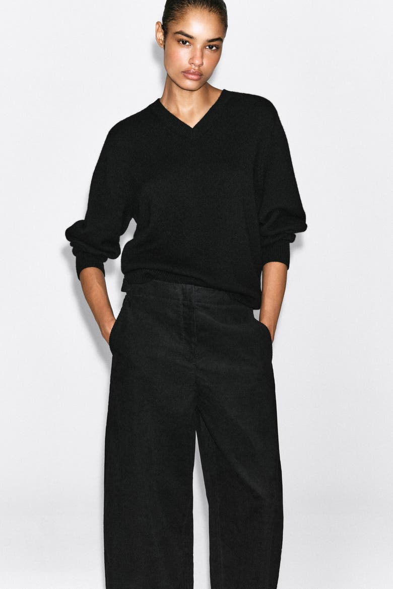 Corduroy Barrel-leg Pants, Alternate, color, BLACK