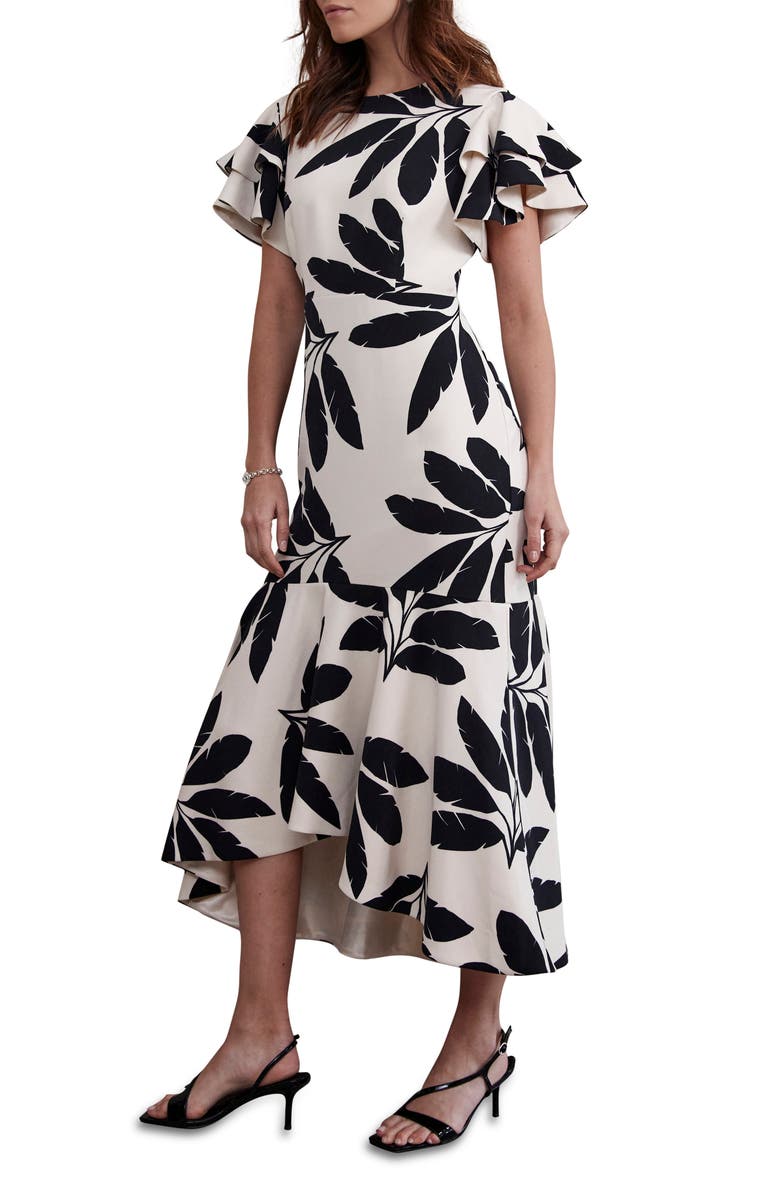 MINT VELVET Neutral Palm Print Midi Dress, Alternate, color, 