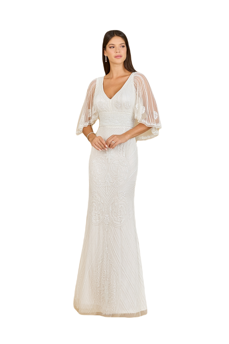Cape Sleeve V-Neck Beaded Gown, Main, color, Ivory