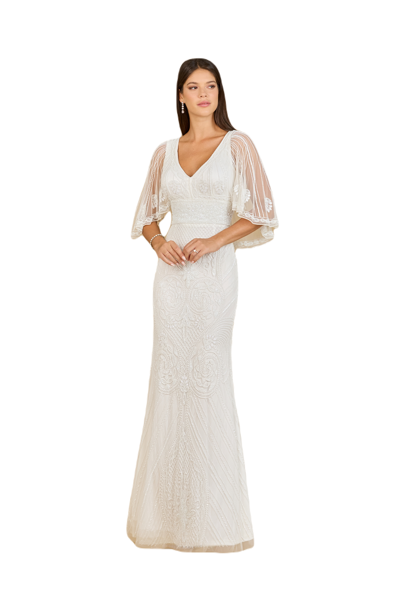 LARA New York Cape Sleeve V-Neck Beaded Gown, Main, color, Ivory